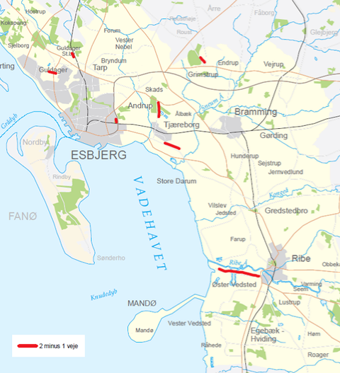 Kort der viser strækninger, hvor der etableres 2 minus 1 veje i Esbjerg Kommune. 